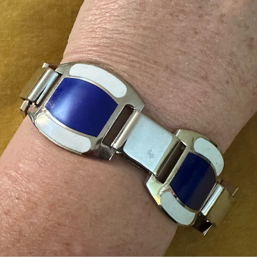 1960’s‎ Chrome & Blue And White Enamel Panel Buckle Bracelet